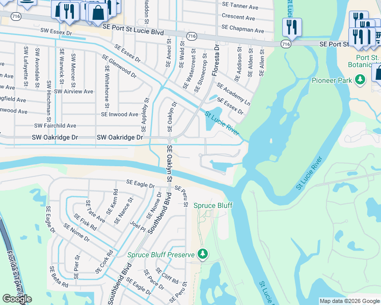 map of restaurants, bars, coffee shops, grocery stores, and more near 552 Southeast Norseman Drive in Port St. Lucie