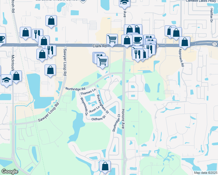 map of restaurants, bars, coffee shops, grocery stores, and more near 5147 Northridge Road in Sarasota