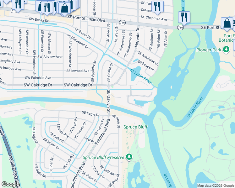 map of restaurants, bars, coffee shops, grocery stores, and more near 2585 Southeast Floresta Drive in Port St. Lucie