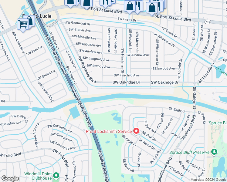 map of restaurants, bars, coffee shops, grocery stores, and more near 2612 Southwest River Shore Drive in Port St. Lucie