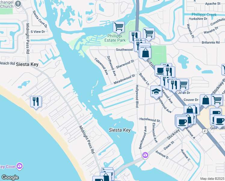 map of restaurants, bars, coffee shops, grocery stores, and more near 1643 Stanford Lane in Sarasota