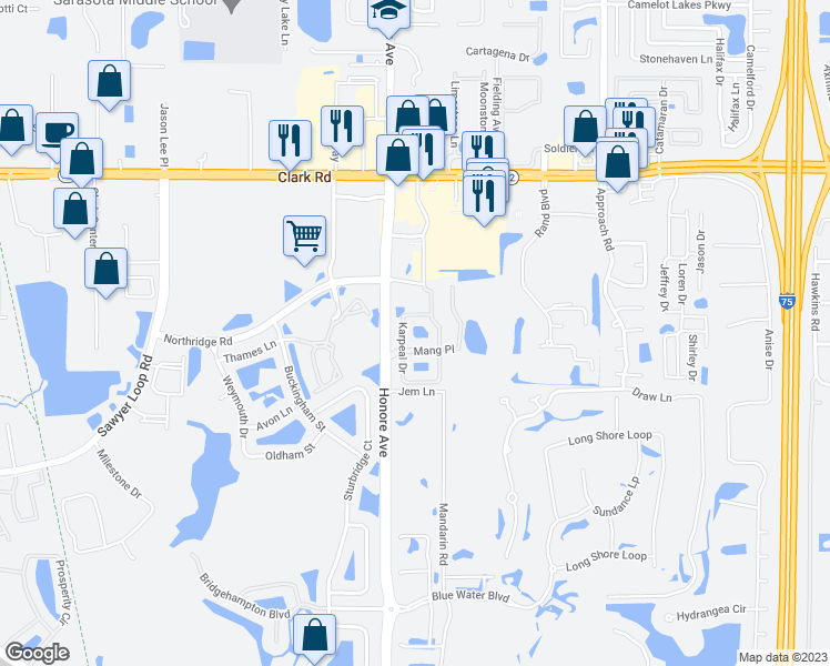 map of restaurants, bars, coffee shops, grocery stores, and more near 8660 Karpeal Drive in Sarasota