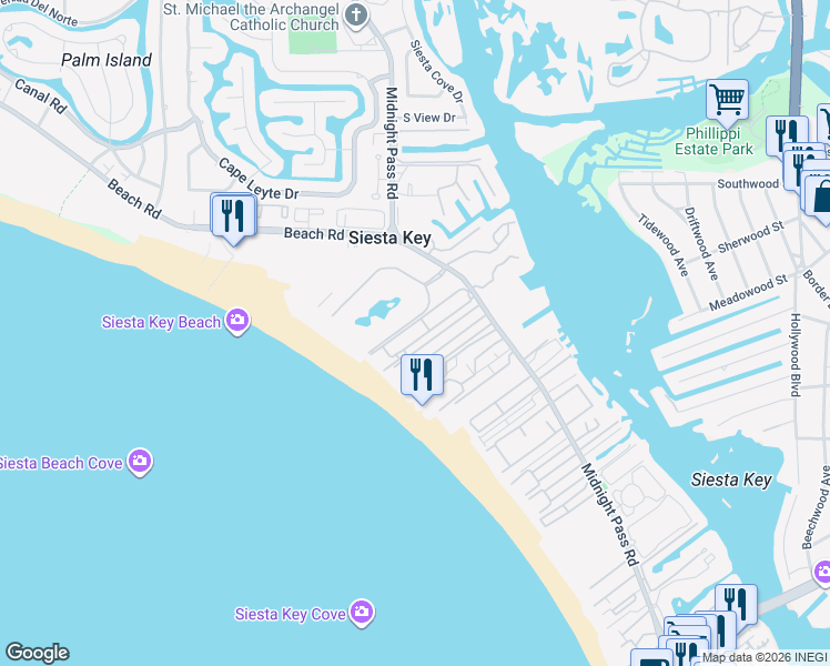 map of restaurants, bars, coffee shops, grocery stores, and more near 5830 Midnight Pass Road in Siesta Key