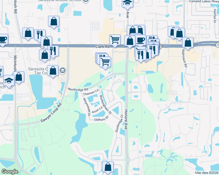 map of restaurants, bars, coffee shops, grocery stores, and more near 5152 Northridge Road in Sarasota
