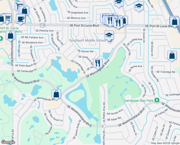 map of restaurants, bars, coffee shops, grocery stores, and more near 1556 Southeast Holiday Road in Port St. Lucie