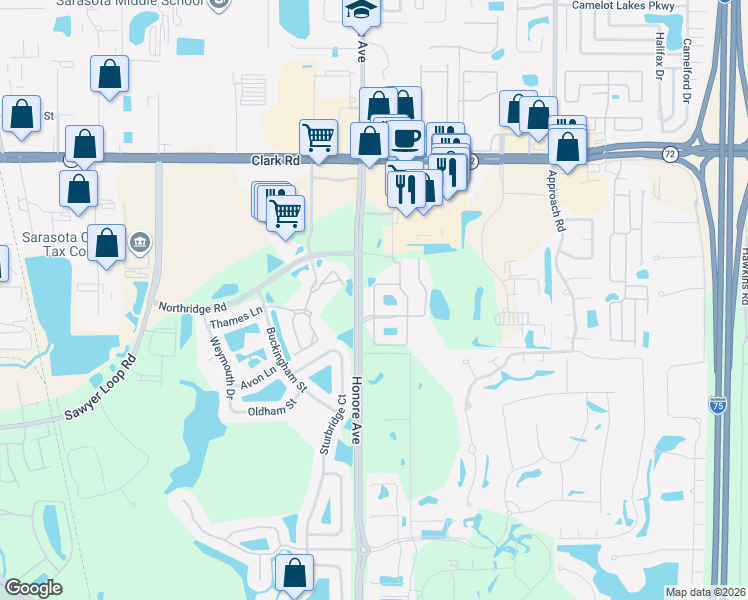 map of restaurants, bars, coffee shops, grocery stores, and more near 8633 Karpeal Drive in Sarasota