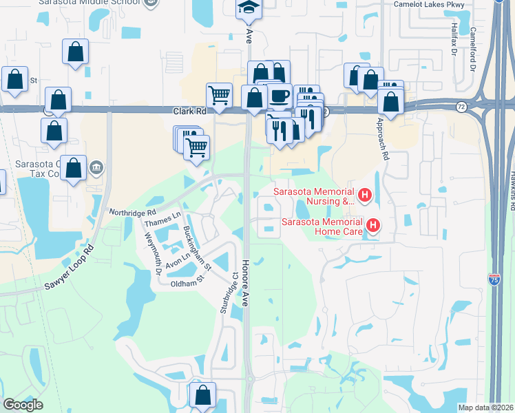 map of restaurants, bars, coffee shops, grocery stores, and more near 8636 Karpeal Drive in Sarasota
