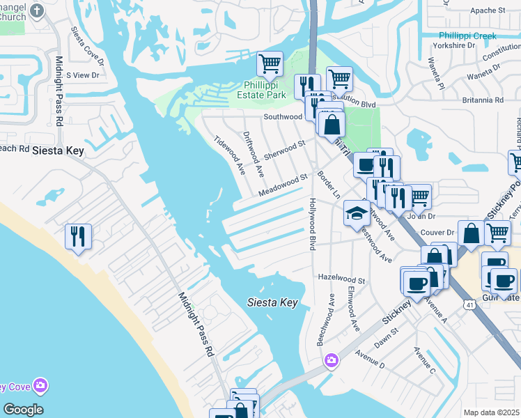 map of restaurants, bars, coffee shops, grocery stores, and more near 1638 Meadowood Street in Sarasota