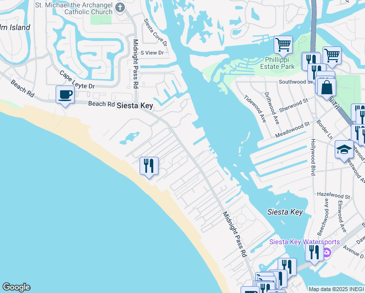 map of restaurants, bars, coffee shops, grocery stores, and more near 5880 Midnight Pass Road in Siesta Key