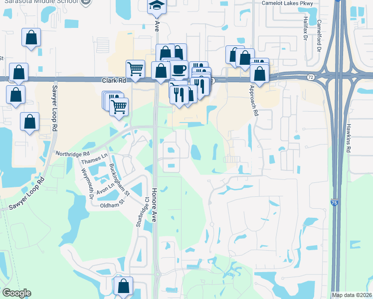 map of restaurants, bars, coffee shops, grocery stores, and more near 8386 Karpeal Drive in Sarasota