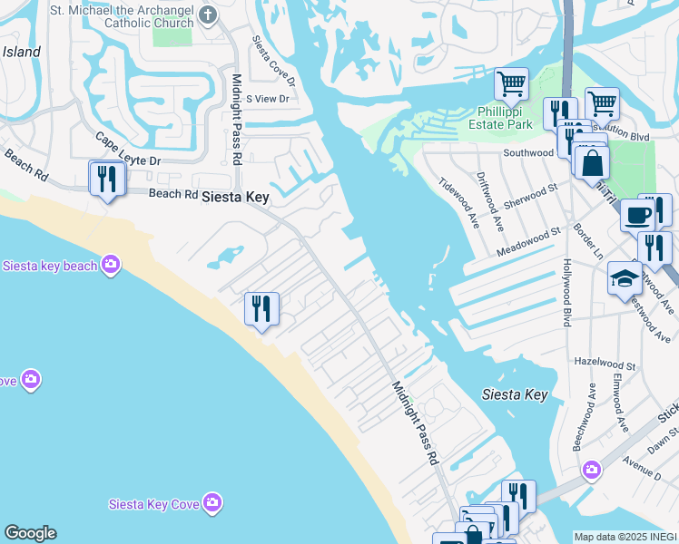 map of restaurants, bars, coffee shops, grocery stores, and more near 5880 Midnight Pass Road in Siesta Key