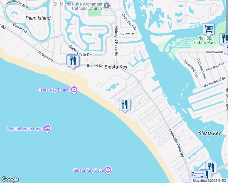 map of restaurants, bars, coffee shops, grocery stores, and more near 5780 Midnight Pass Road in Siesta Key
