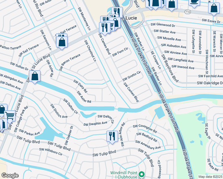 map of restaurants, bars, coffee shops, grocery stores, and more near 2631 Southwest Chestnut Lane in Port St. Lucie