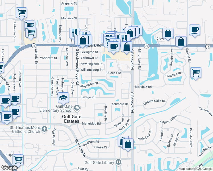 map of restaurants, bars, coffee shops, grocery stores, and more near 3345 Mayflower Street in Sarasota