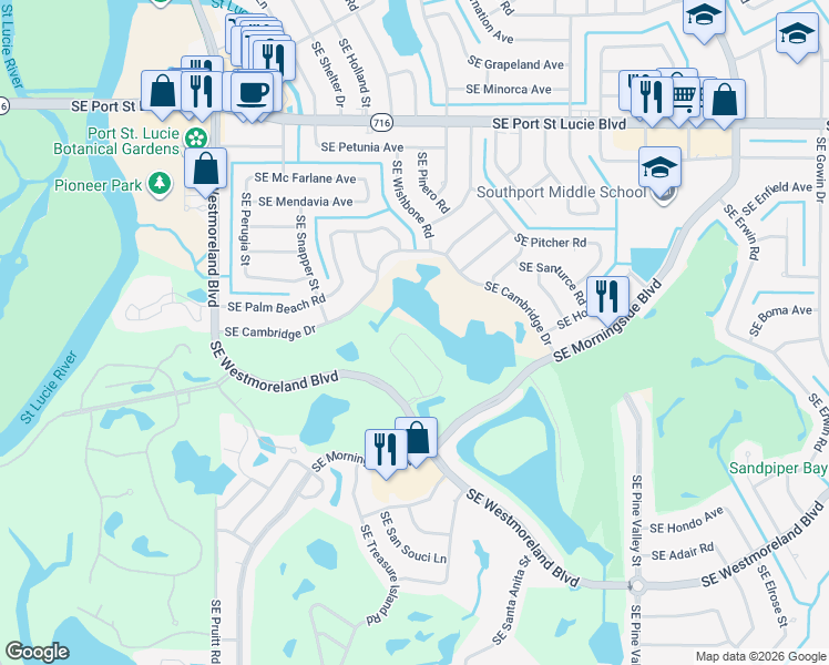map of restaurants, bars, coffee shops, grocery stores, and more near 213 Southeast Via Visconti in Port St. Lucie