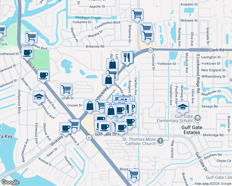 map of restaurants, bars, coffee shops, grocery stores, and more near 2443 Terry Lane in Sarasota