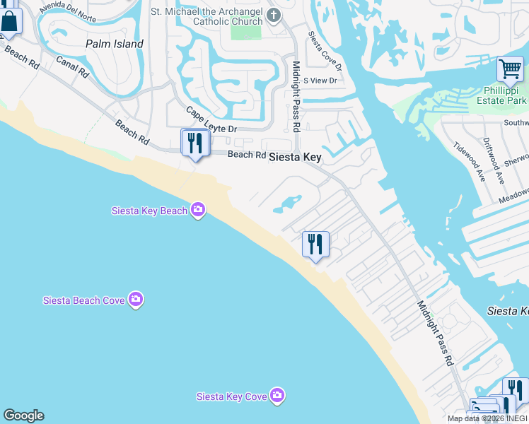 map of restaurants, bars, coffee shops, grocery stores, and more near 5750 Midnight Pass Road in Siesta Key