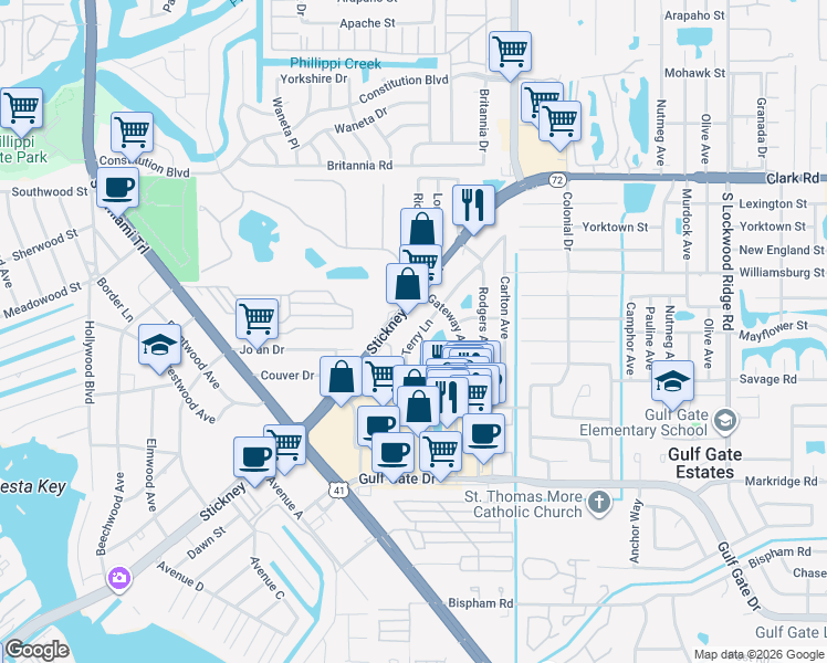 map of restaurants, bars, coffee shops, grocery stores, and more near 2443 Terry Lane in Sarasota