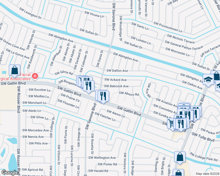 map of restaurants, bars, coffee shops, grocery stores, and more near 1250 Southwest Babcock Avenue in Port St. Lucie