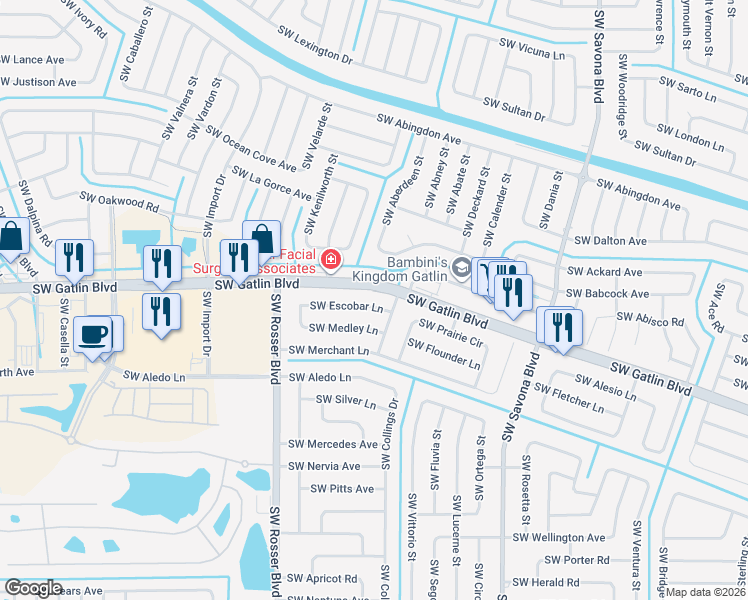 map of restaurants, bars, coffee shops, grocery stores, and more near 1525 Southwest Escobar Lane in Port St. Lucie