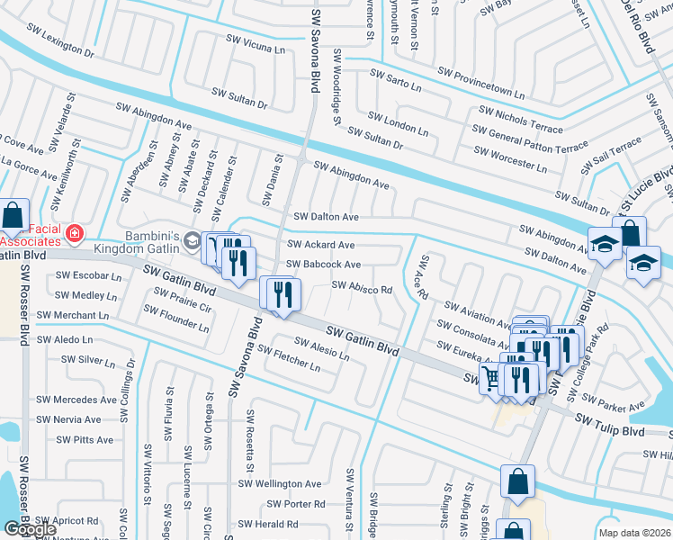 map of restaurants, bars, coffee shops, grocery stores, and more near 2649 Southwest Abelard Street in Port St. Lucie