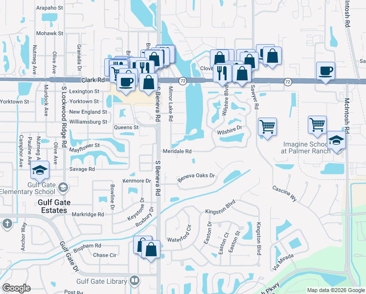 map of restaurants, bars, coffee shops, grocery stores, and more near 3645 Meridale Road in Sarasota