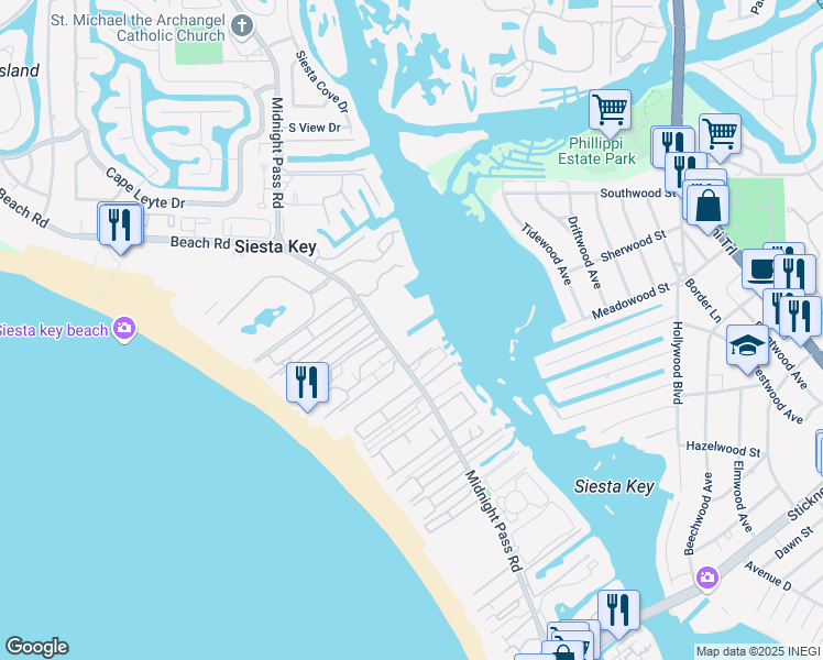 map of restaurants, bars, coffee shops, grocery stores, and more near 5923 Midnight Pass Road in Siesta Key