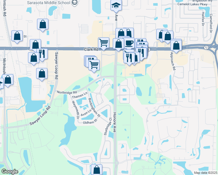 map of restaurants, bars, coffee shops, grocery stores, and more near 5122 Northridge Road in Sarasota