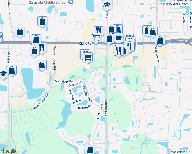 map of restaurants, bars, coffee shops, grocery stores, and more near 5100 Northridge Road in Sarasota