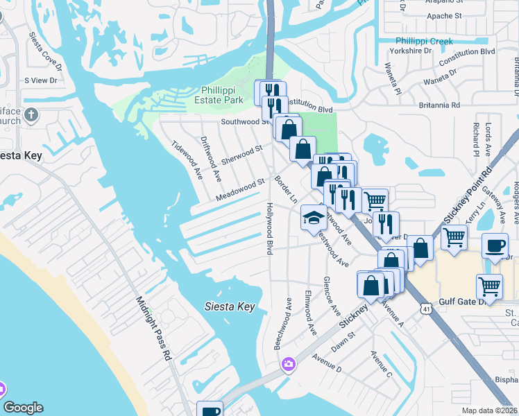map of restaurants, bars, coffee shops, grocery stores, and more near 1808 Stanford Lane in Sarasota