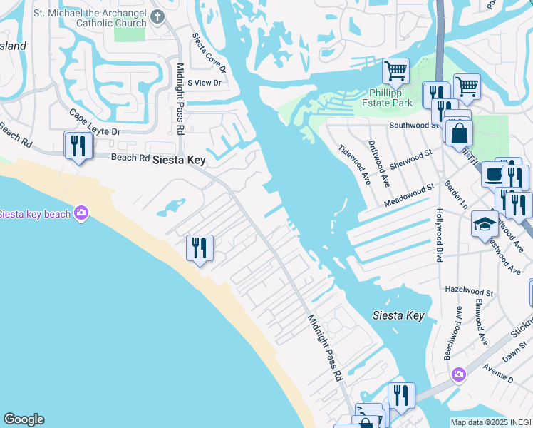 map of restaurants, bars, coffee shops, grocery stores, and more near 5923 Midnight Pass Road in Siesta Key
