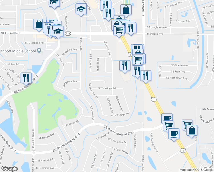 map of restaurants, bars, coffee shops, grocery stores, and more near 2502 Southeast Hamden Road in Port St. Lucie