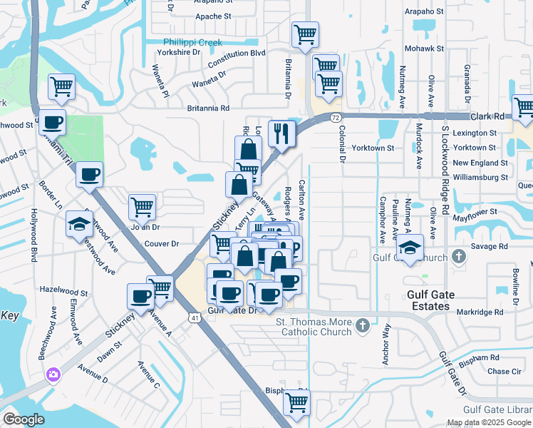 map of restaurants, bars, coffee shops, grocery stores, and more near 632-4 Gateway Avenue in Sarasota