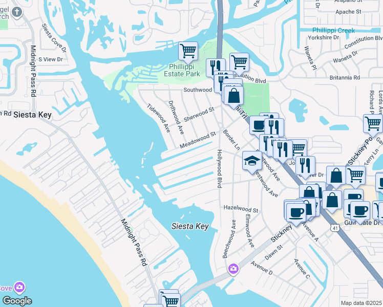 map of restaurants, bars, coffee shops, grocery stores, and more near 1723 Stanford Lane in Sarasota