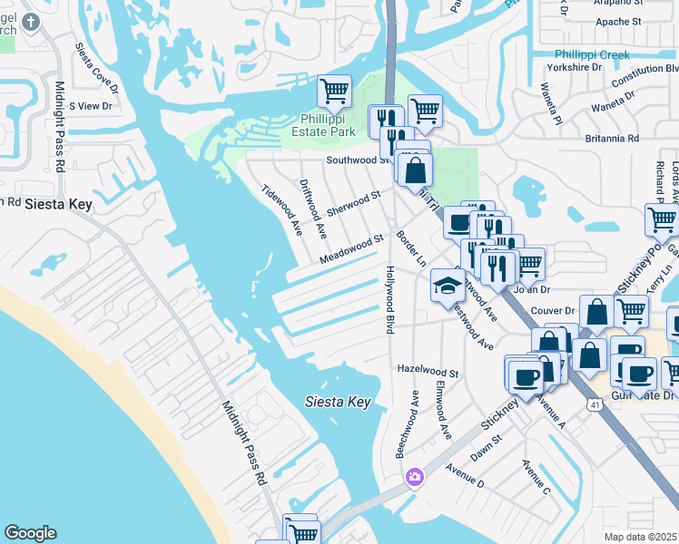 map of restaurants, bars, coffee shops, grocery stores, and more near 1723 Stanford Lane in Sarasota