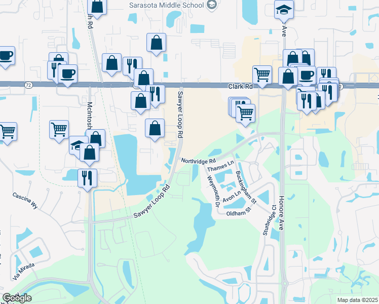map of restaurants, bars, coffee shops, grocery stores, and more near 6101 Sawyer Loop Road in Sarasota