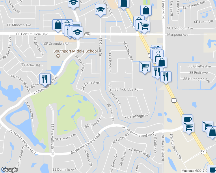 map of restaurants, bars, coffee shops, grocery stores, and more near 2580 Southeast Hamden Road in Port St. Lucie