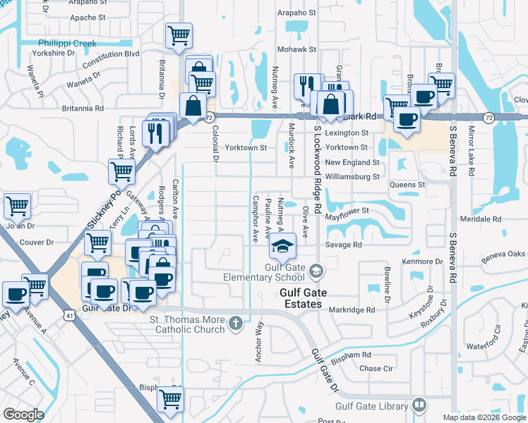 map of restaurants, bars, coffee shops, grocery stores, and more near 3033 Mayflower Street in Sarasota