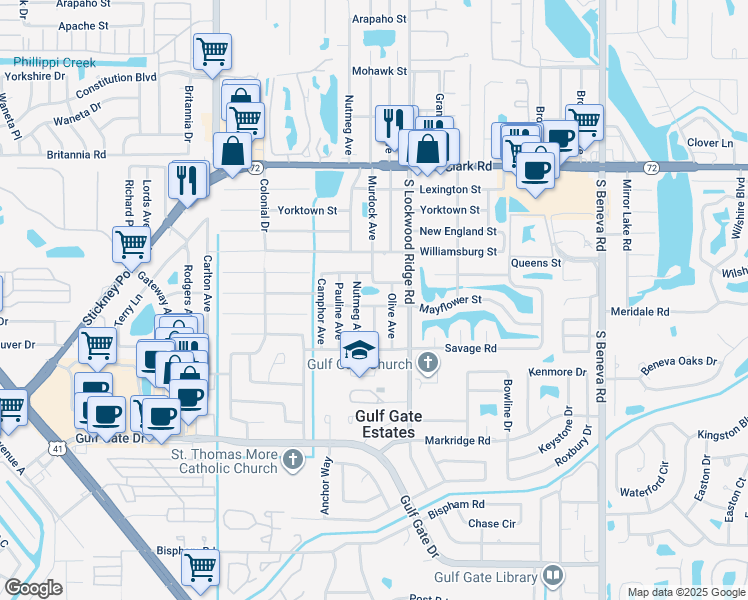 map of restaurants, bars, coffee shops, grocery stores, and more near 3101 Mayflower Street in Sarasota