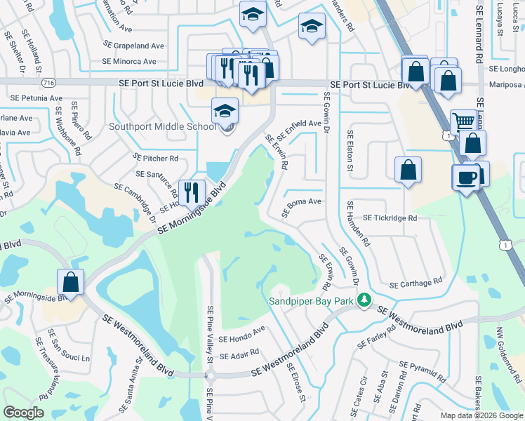 map of restaurants, bars, coffee shops, grocery stores, and more near 2061 Southeast Erwin Road in Port St. Lucie