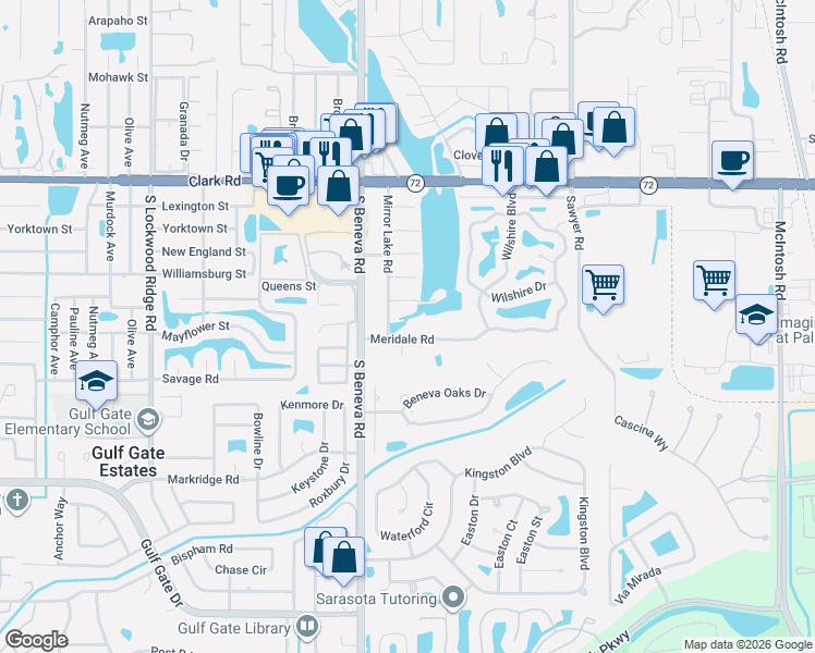 map of restaurants, bars, coffee shops, grocery stores, and more near 3645 Meridale Road in Sarasota