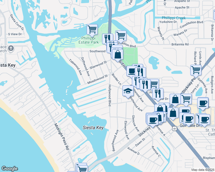 map of restaurants, bars, coffee shops, grocery stores, and more near 1808 Stanford Lane in Sarasota