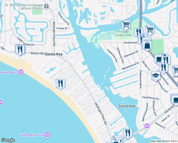map of restaurants, bars, coffee shops, grocery stores, and more near 5923 Midnight Pass Road in Siesta Key