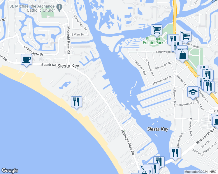map of restaurants, bars, coffee shops, grocery stores, and more near 5923 Midnight Pass Road in Siesta Key