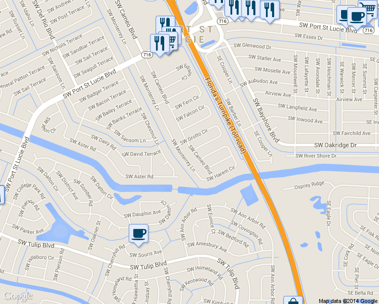 map of restaurants, bars, coffee shops, grocery stores, and more near 2620 Southwest Cameo Boulevard in Port St. Lucie