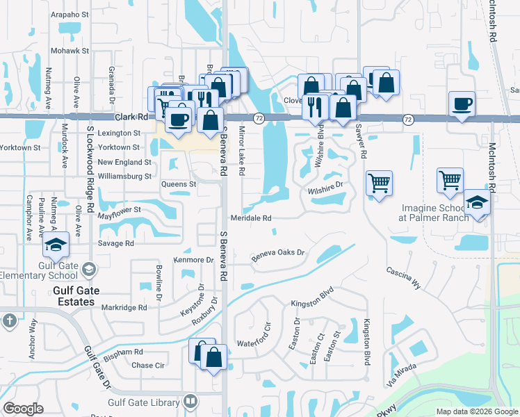map of restaurants, bars, coffee shops, grocery stores, and more near 3645 Meridale Road in Sarasota