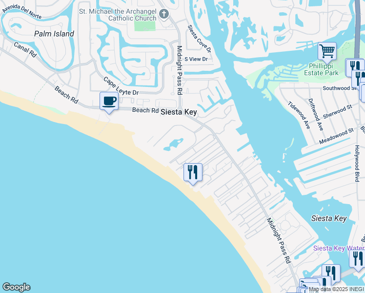 map of restaurants, bars, coffee shops, grocery stores, and more near 5780 Midnight Pass Road in Siesta Key