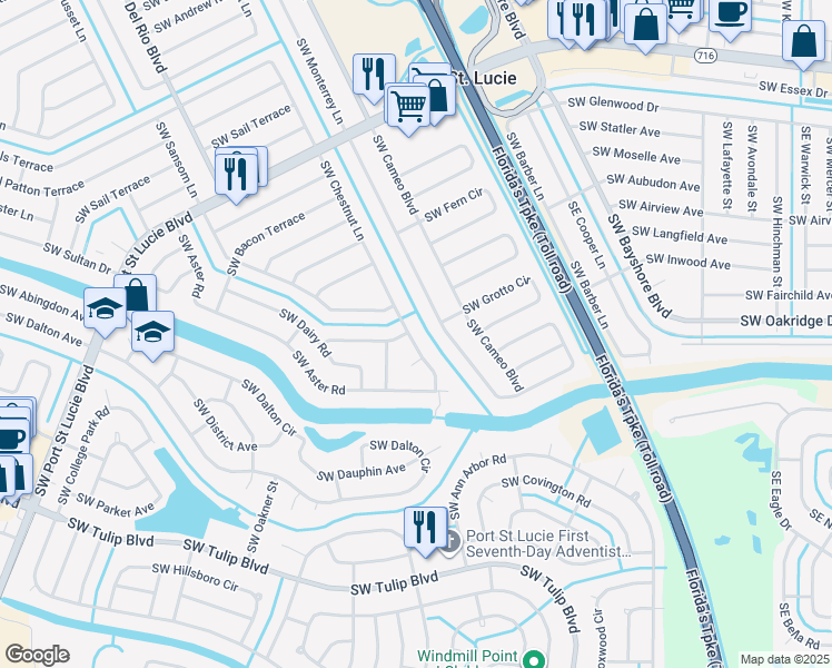 map of restaurants, bars, coffee shops, grocery stores, and more near 2631 Southwest Chestnut Lane in Port St. Lucie