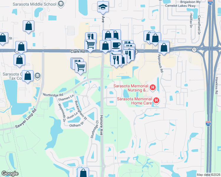 map of restaurants, bars, coffee shops, grocery stores, and more near 8660 Karpeal Drive in Sarasota