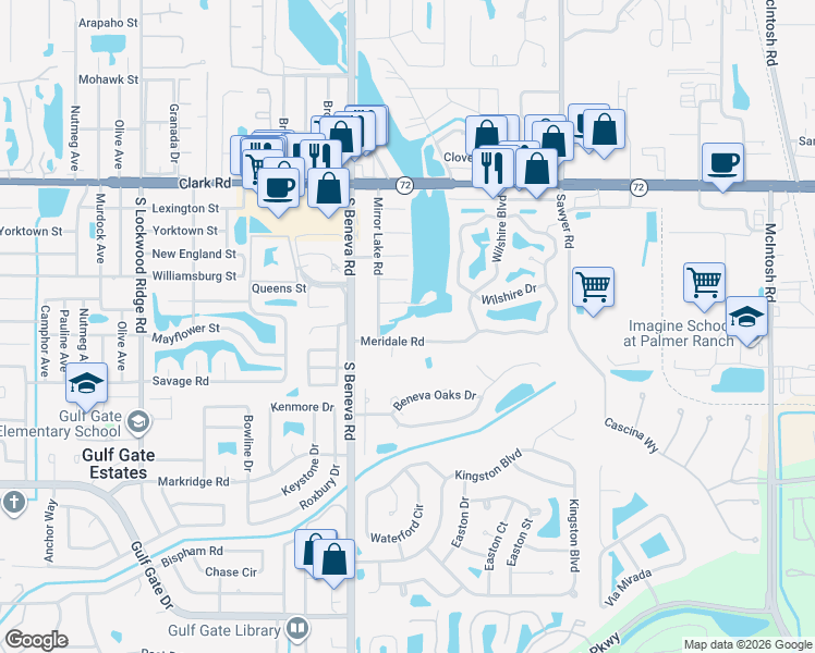 map of restaurants, bars, coffee shops, grocery stores, and more near 3645 Meridale Road in Sarasota